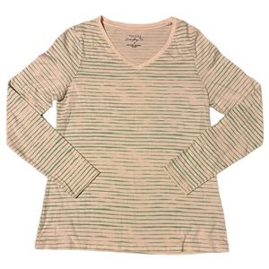 Sonoma Everyday Tee Women’s Cream Green Striped Long Sleeve V Neck Size S